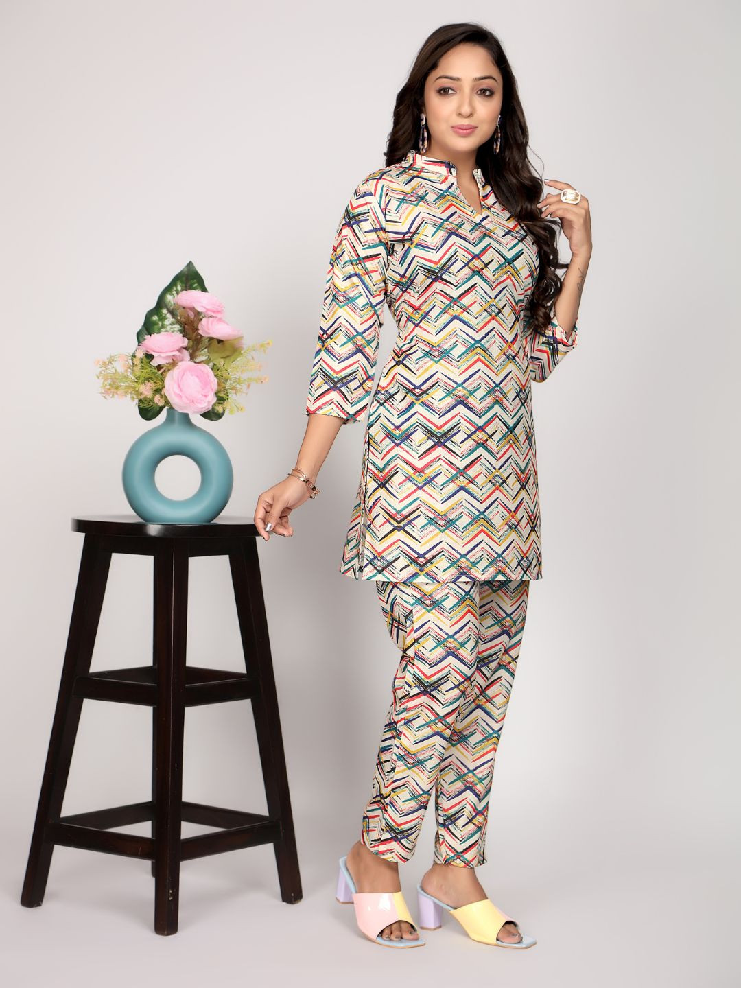 

Jade & Julie Printed Pure Cotton Mandarin Collar Top With Trousers Co-Ords, Off white