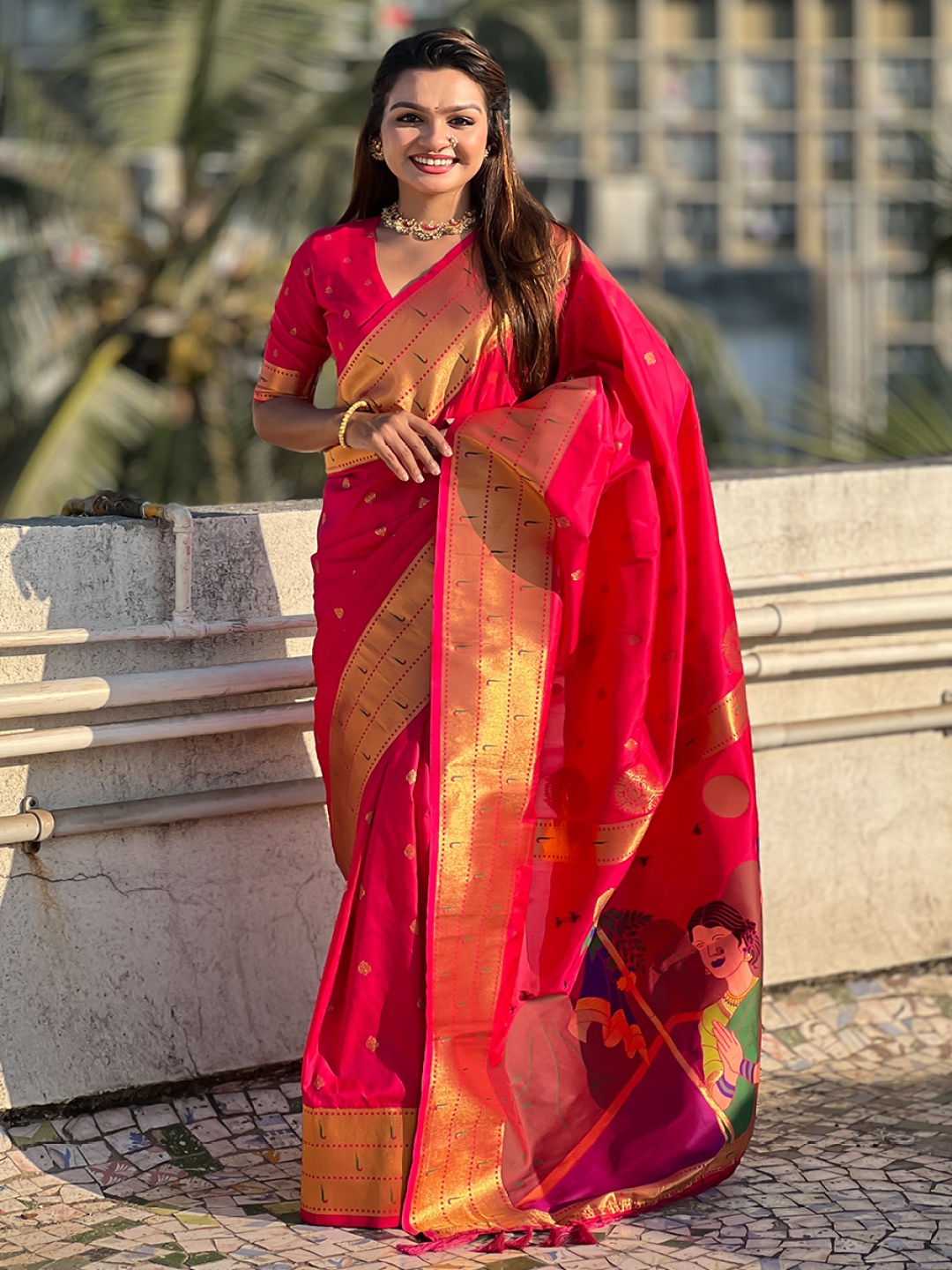 

all about you Woven Design Zari Silk Blend Paithani Saree, Pink