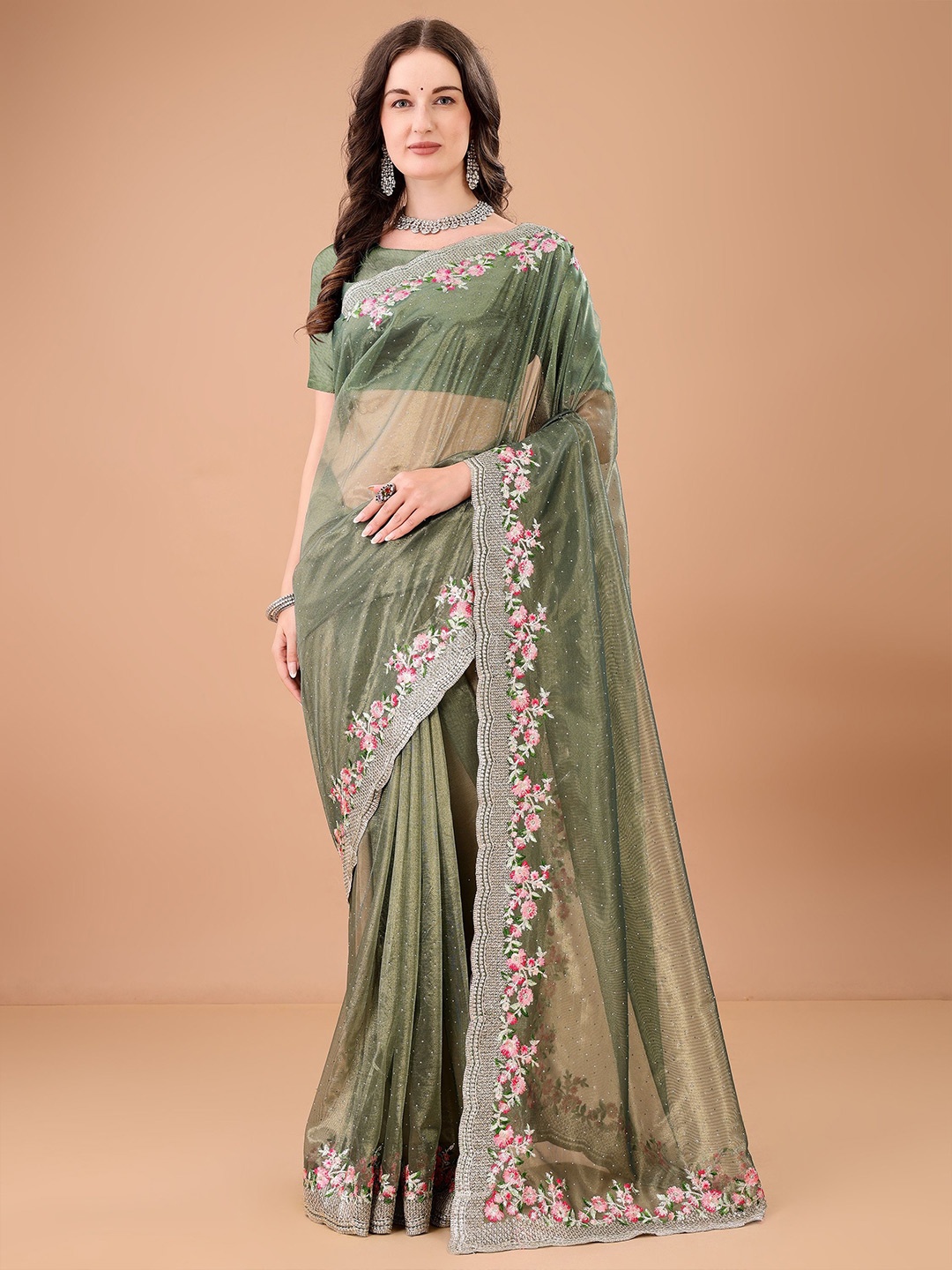 

devkison Designer Floral Embroidered Net Saree, Lime green