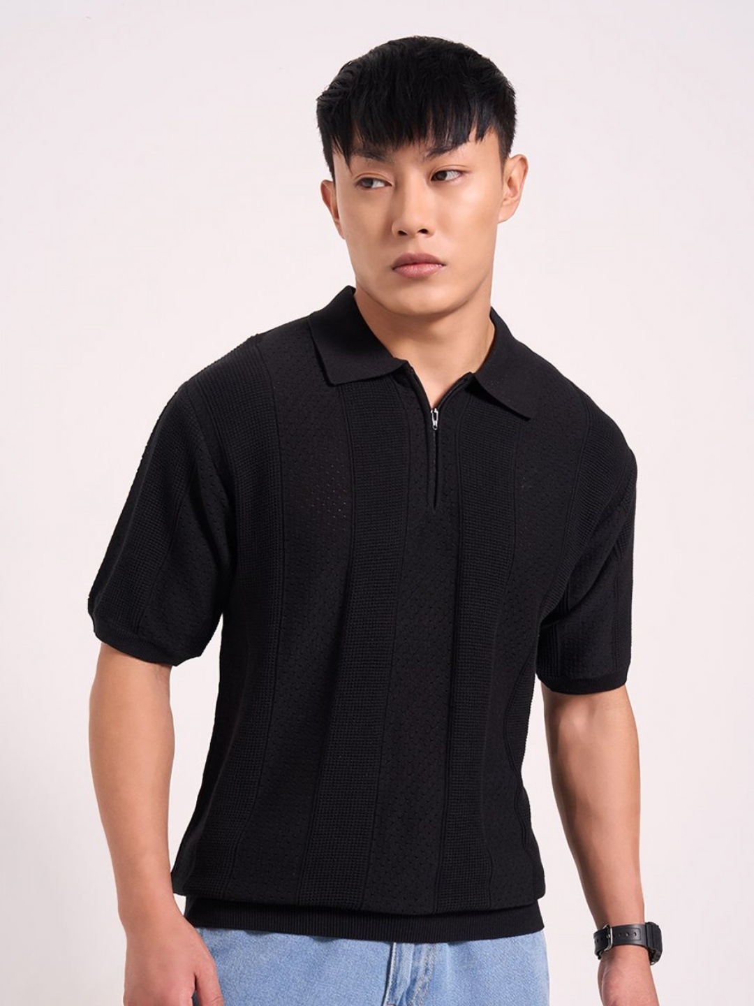 

People Men Polo Collar Drop-Shoulder Sleeves Pockets T-shirt, Black
