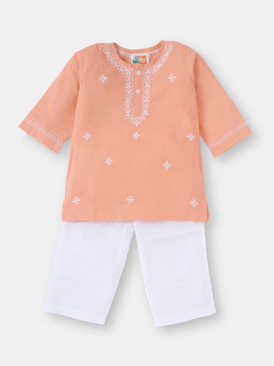 

THE BABY LABEL Unisex Kids Embroidered Regular Pure Cotton Kurta with Pyjamas, Orange