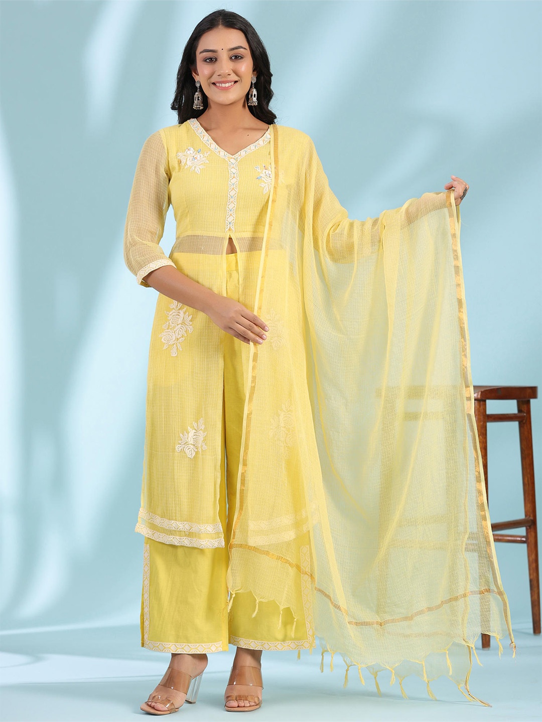 

Juniper Women Floral Embroidered Regular Beads and Stones Pure Cotton Kurta with Palazzos & With Dupatta, Yellow