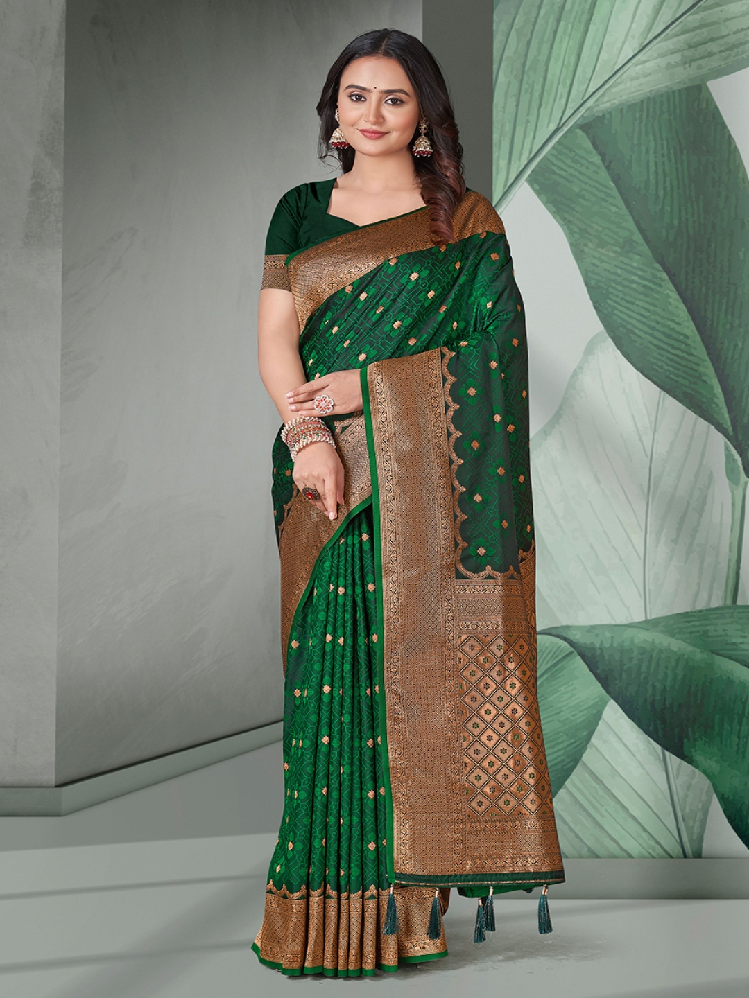 

all about you Woven Design Zari Satin Banarasi Saree, Green