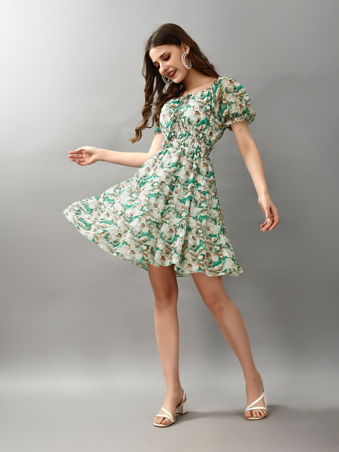 

Attire Empire Floral Print Puff Sleeve Chiffon A-Line Mini Dress, Green