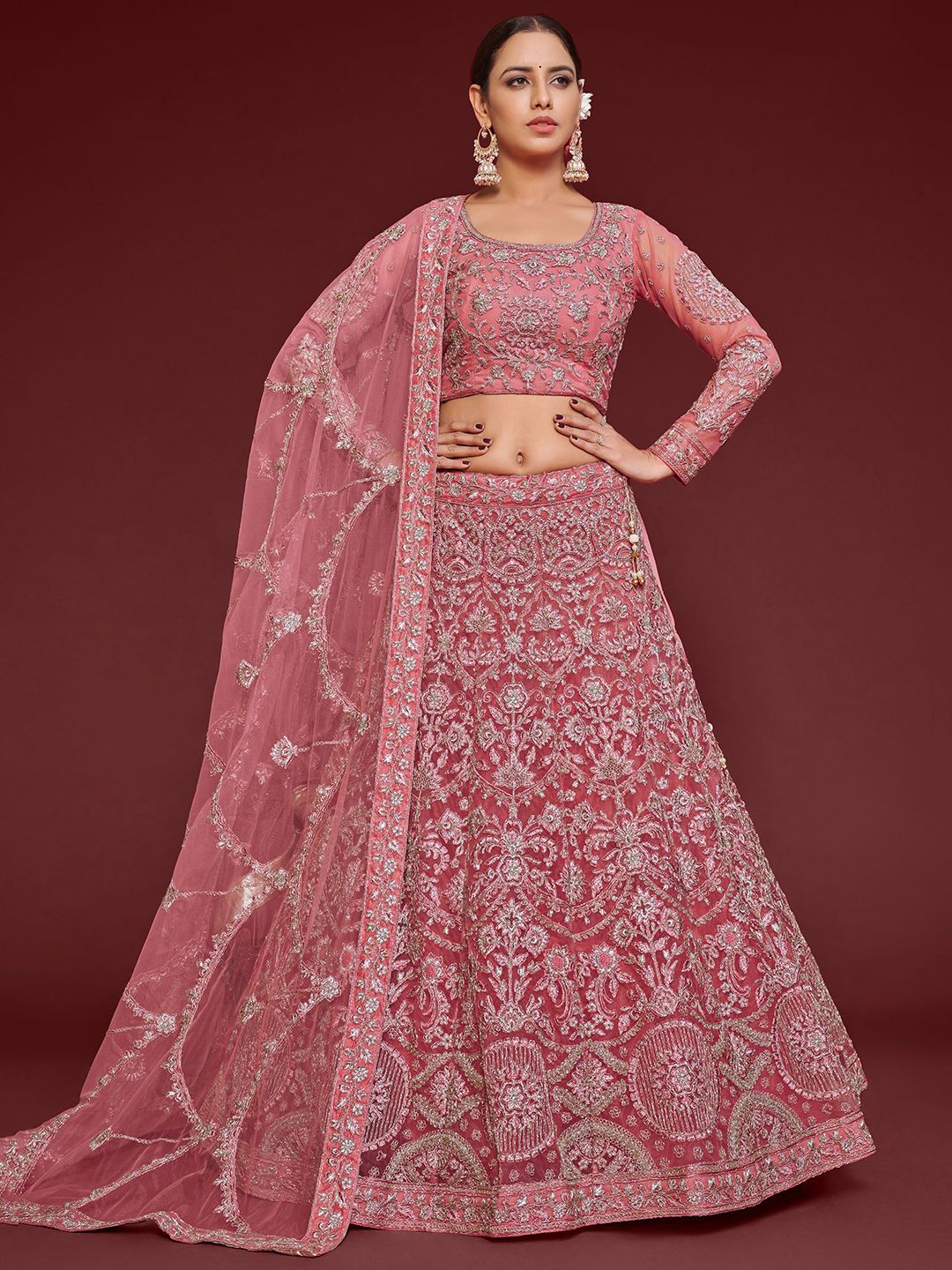 

FABPIXEL Embroidered Thread Work Semi-Stitched Lehenga & Unstitched Blouse With Dupatta, Pink