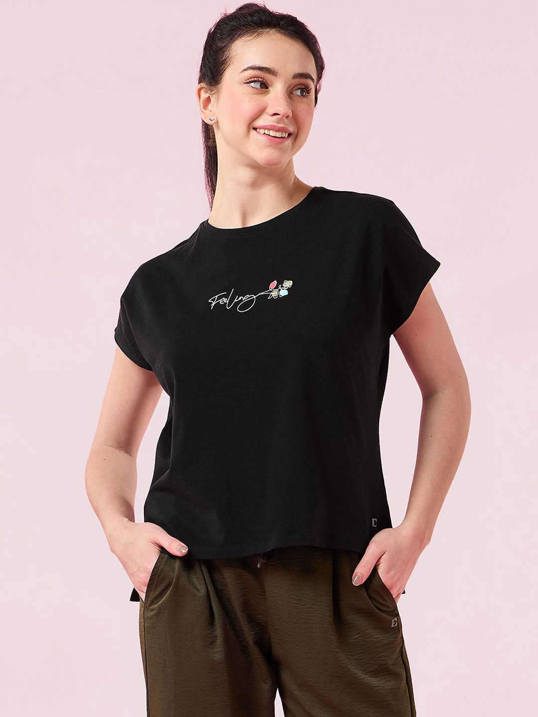 

Enamor Graphic Embroidered Dolman Sleeve Crew Neck Lounge T-Shirt, Black