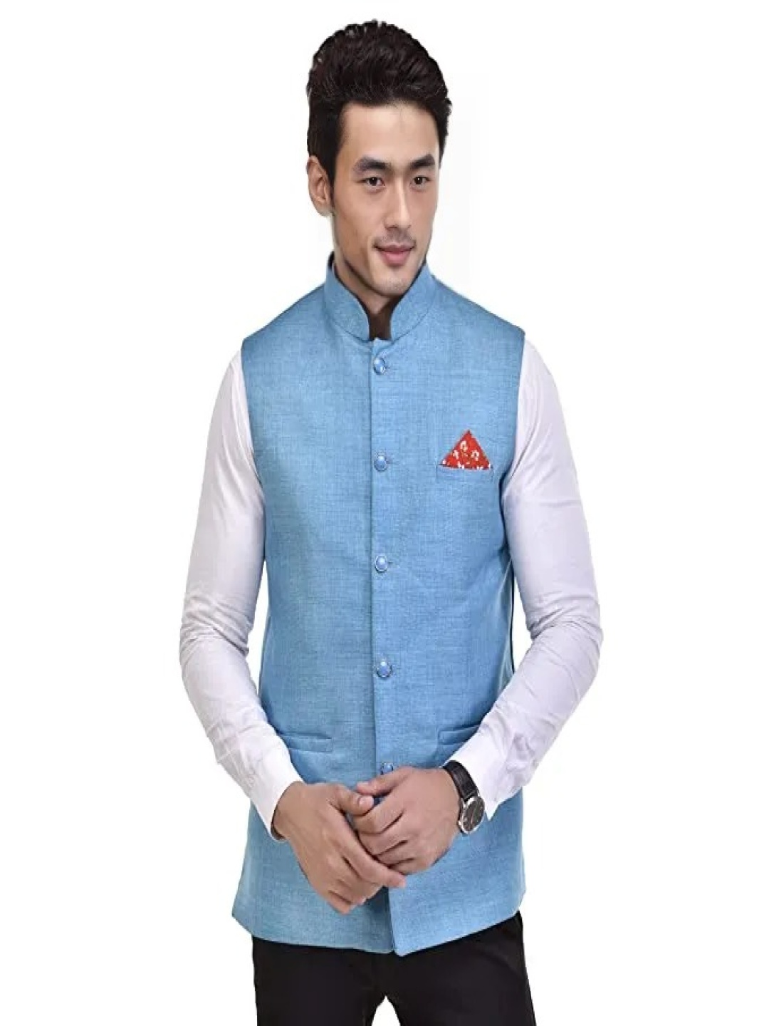 

Seetoo Mandarin Collar Woven Nehru Jacket, Blue