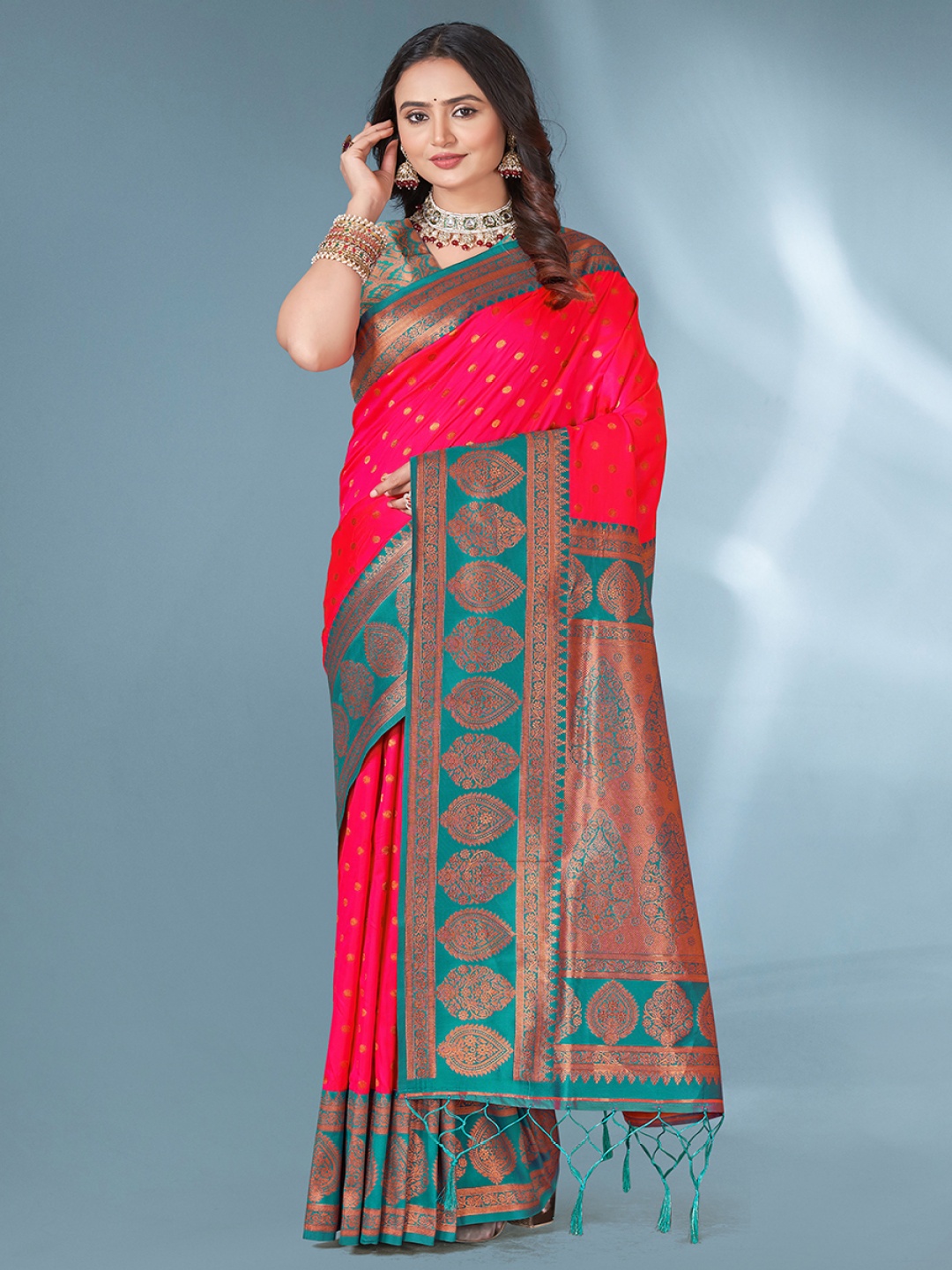 

all about you Woven Design Zari Silk Blend Paithani Saree, Red