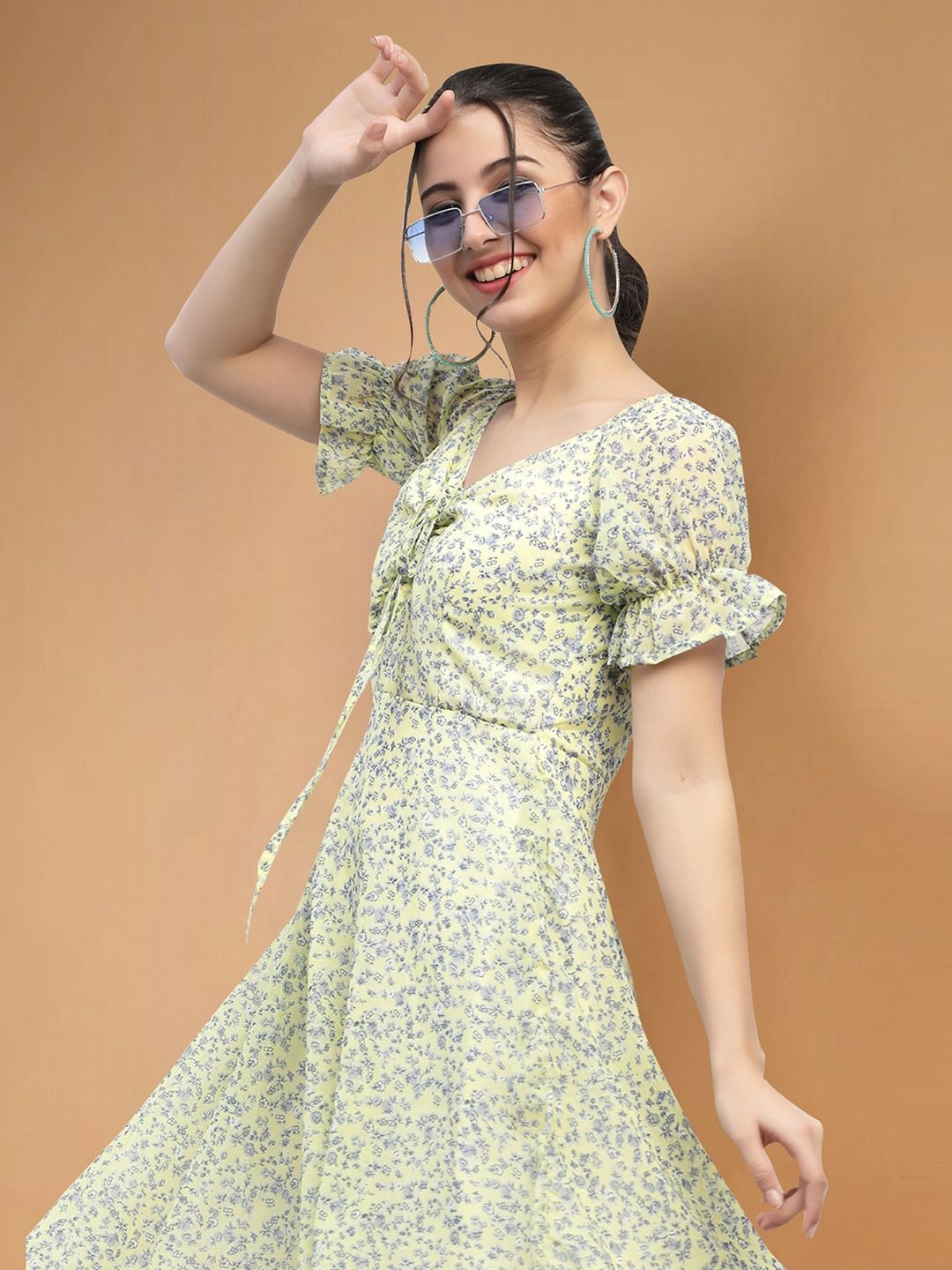 

Moda Rapido Floral Print Applique Fit & Flare Dress, Yellow