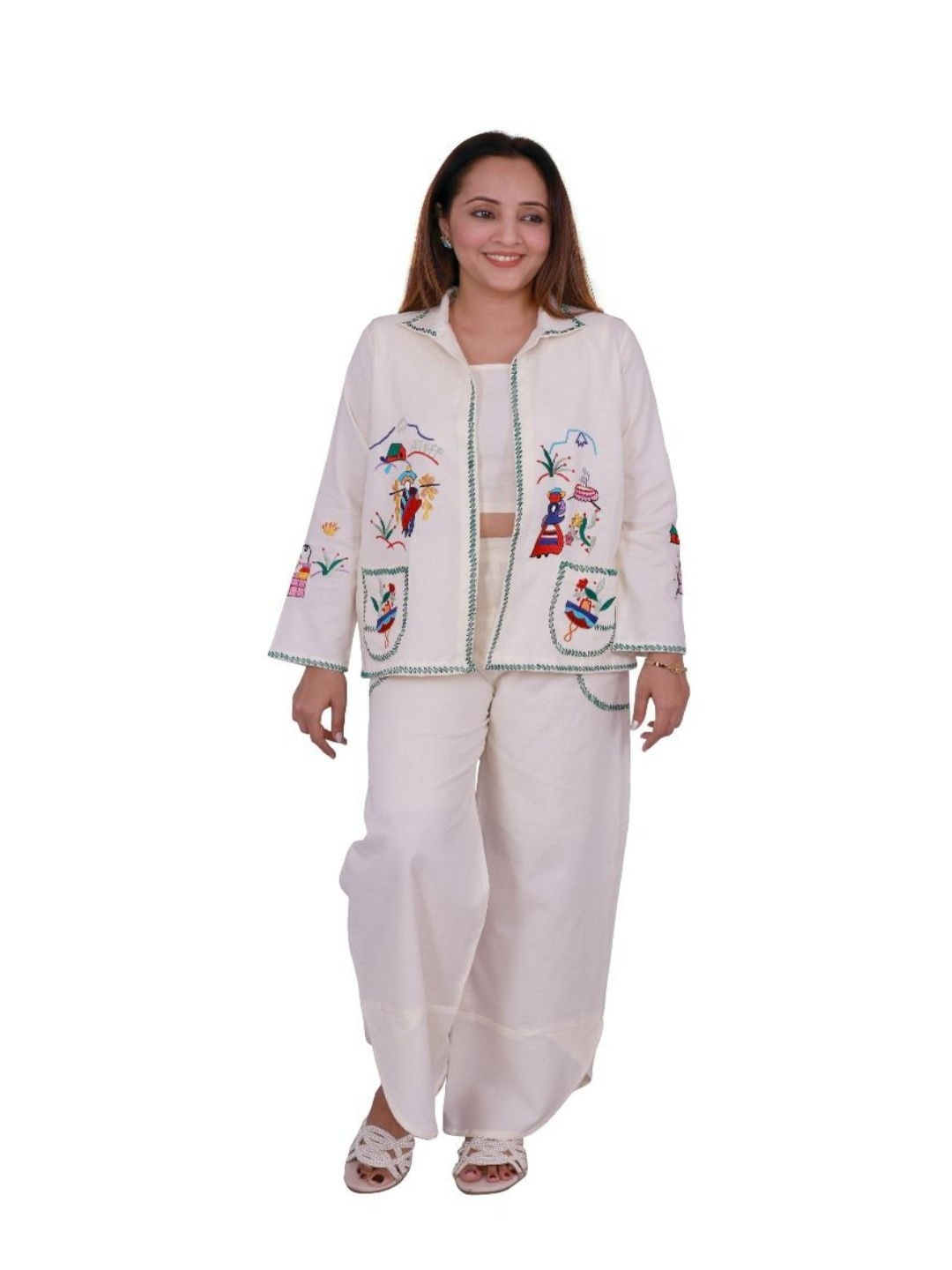 

Embroidered Embroidered Thread Work Jacket With Trousers & Top, Off white