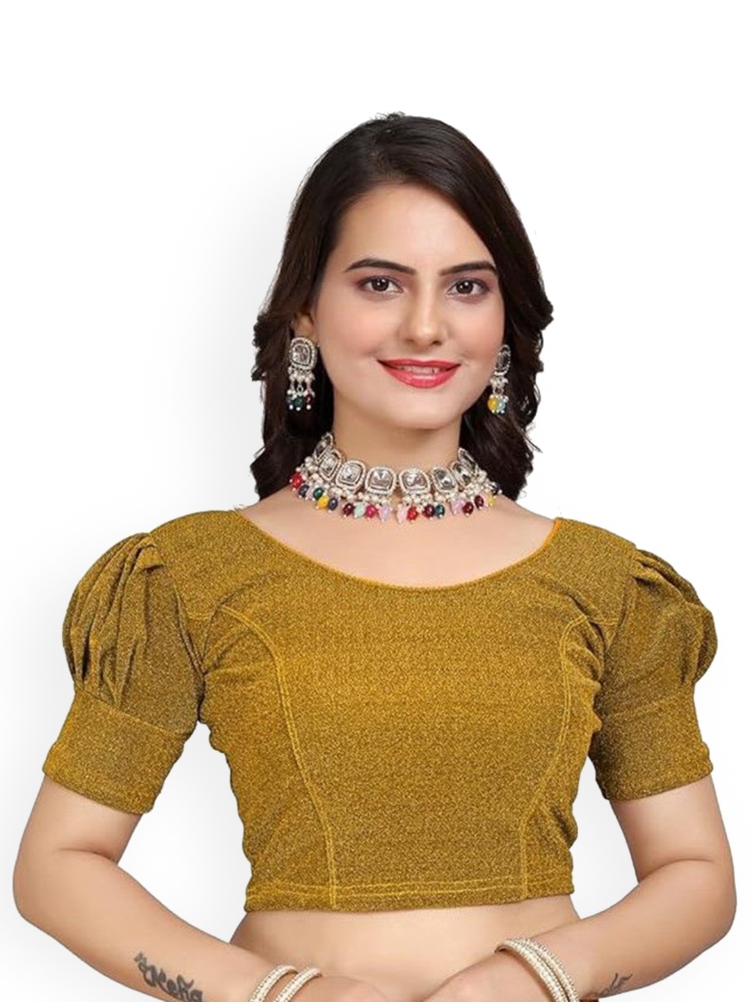 

SS Sanket Synthetics Embellished Saree Blouse, Gold