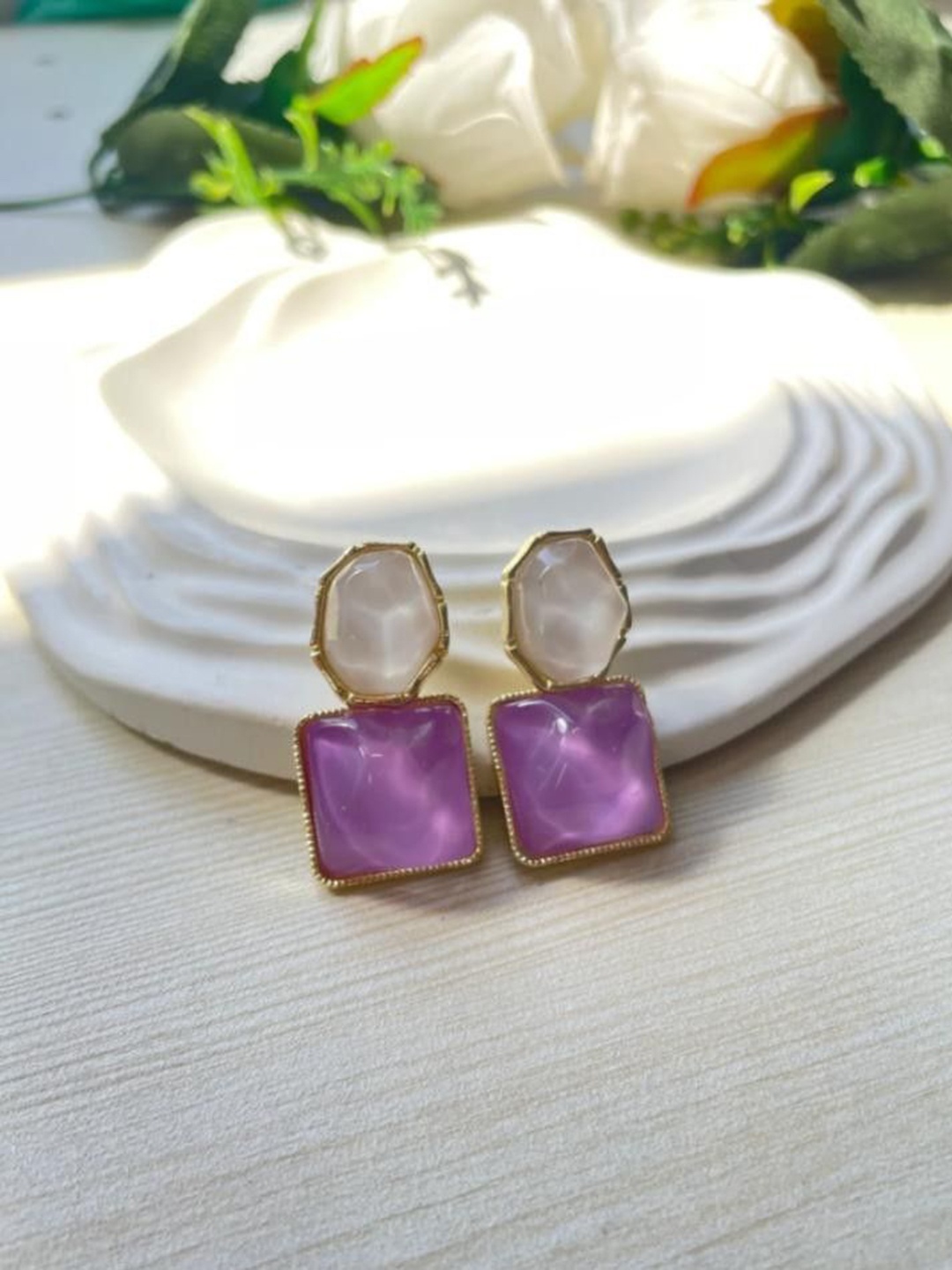 

kazare Artificial Stones Studded Geometric Shaped Drop Earrings, Purple