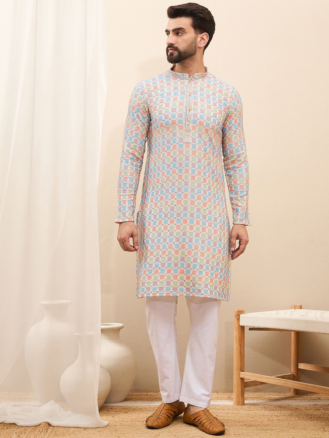 

House of Pataudi Men Thread Sequence Work Kurtas, Blue