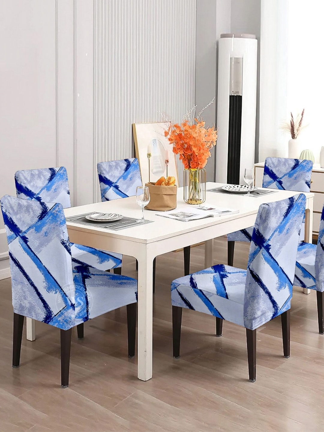 

WOODEN STREET 6-Pcs Blue & White Printed Chair Covers