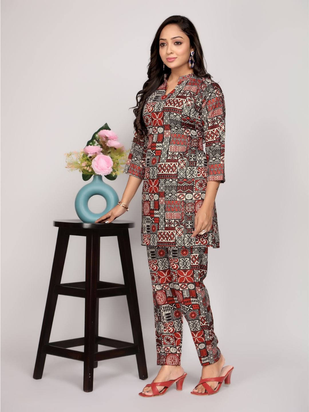 

Jade & Julie Floral Printed Pure Cotton Shirt Collor Neck Top With Trousers Co-Ords, Maroon