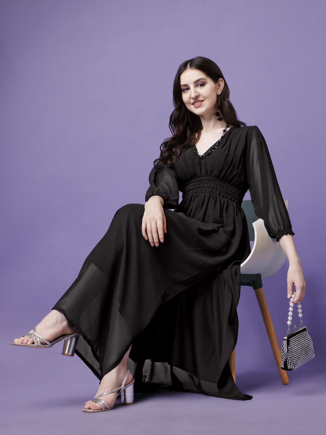 

Jash Creation Applique Georgette Fit & Flare Maxi Dress, Black