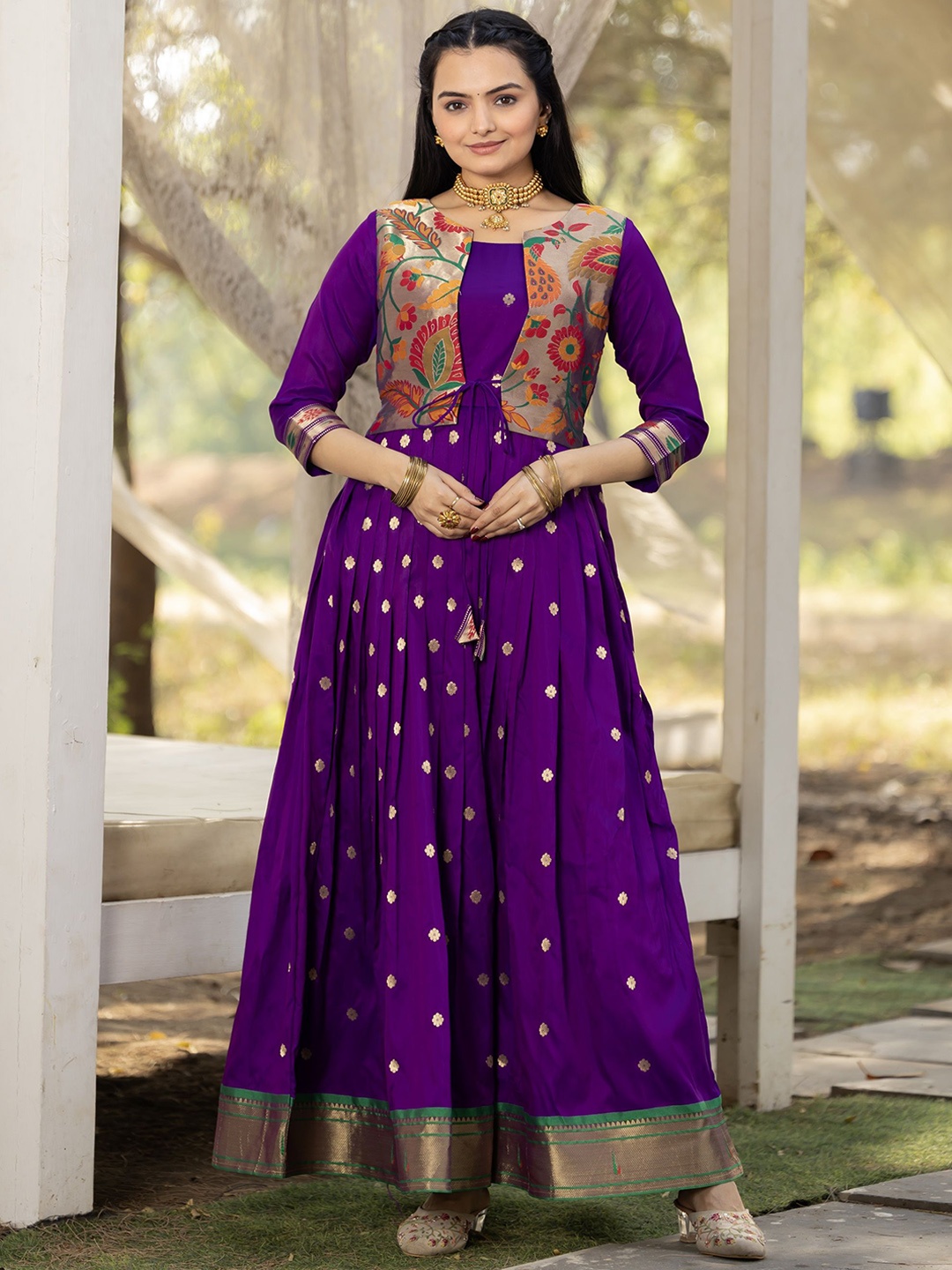 

Tasarika Woven Design Three Quarter Sleeves Maxi Gown Ethnic Dress, Purple