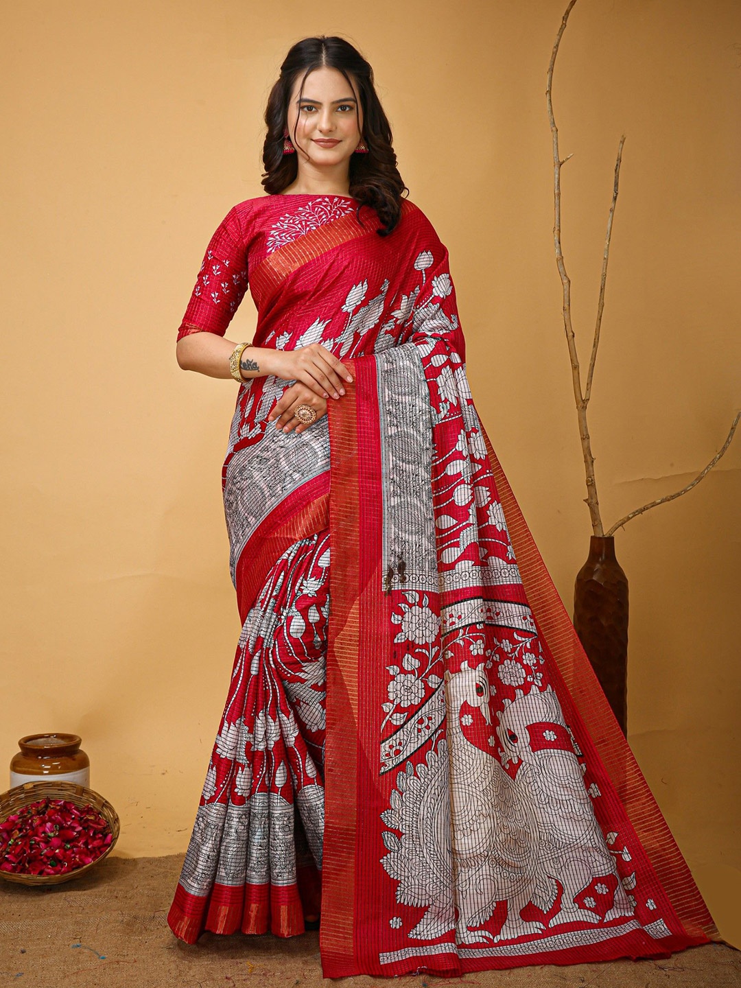 

Rangtulika Ethnics Kalamkari Zari Saree, Red