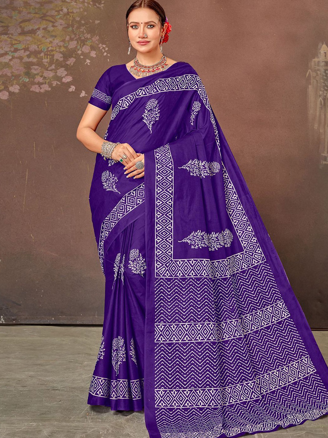

all about you Ethnic Motifs Block Print Saree, Purple
