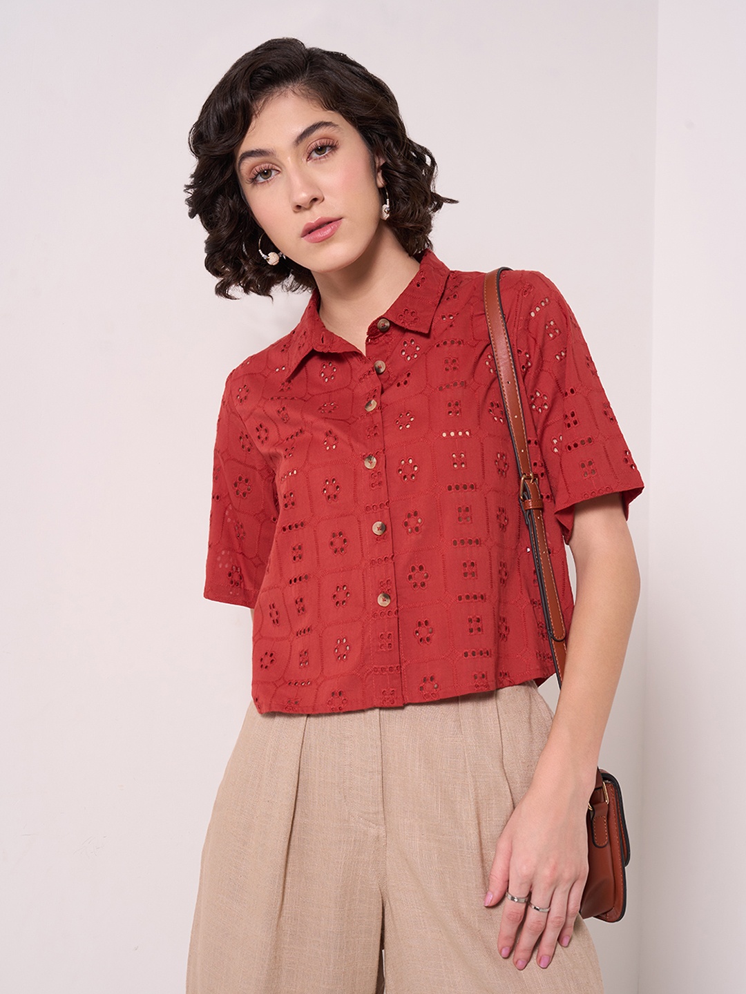 

AKKRITI BY PANTALOONS Embroidered Cotton Shirt Style Top, Red