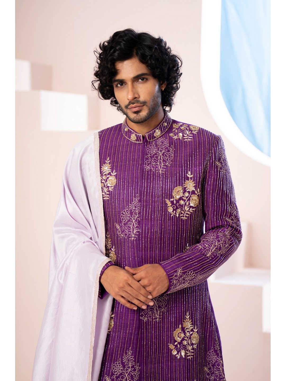 

HILO DESIGN Embroidered Majestique Sherwani Set, Purple