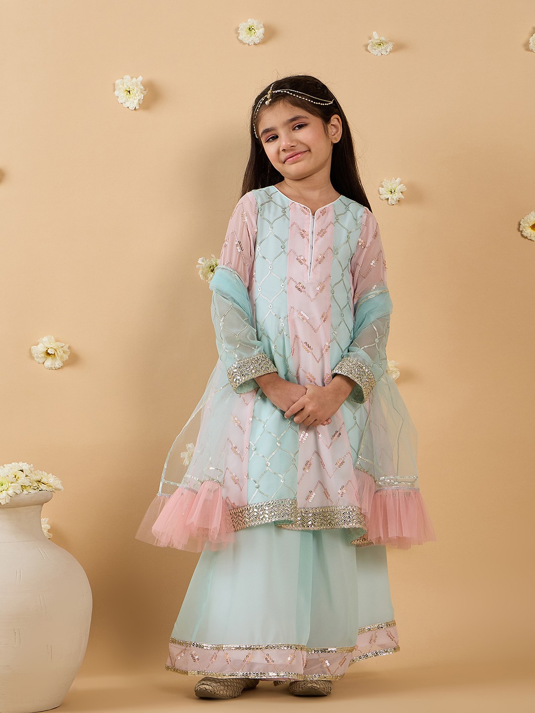

pspeaches Girls Ethnic Motifs Embroidered Angrakha Sequinned Kurta with Sharara & With Dupatta, Blue