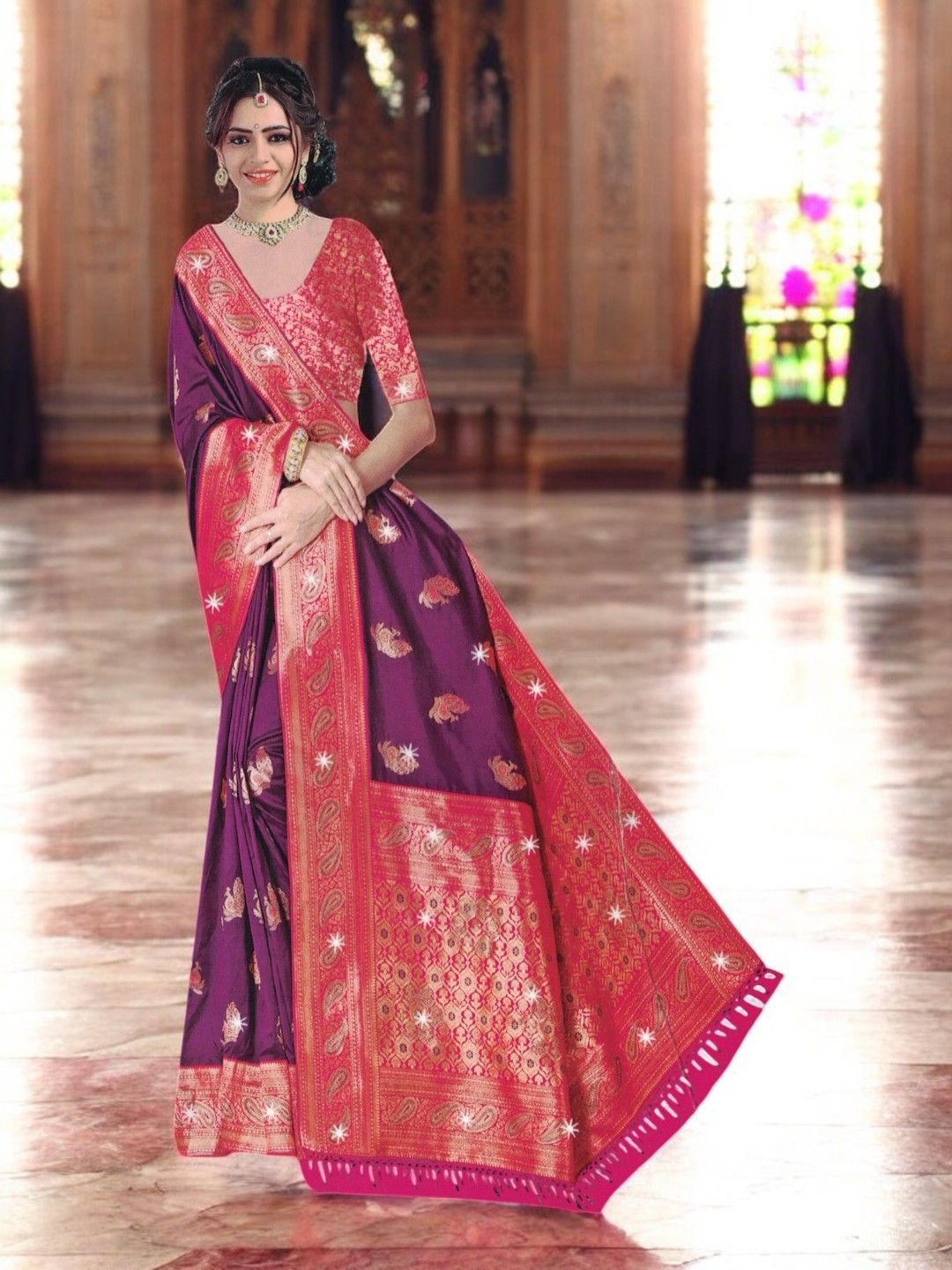 

SHOPPKEE Woven Design Zari Silk Blend Banarasi Saree, Purple