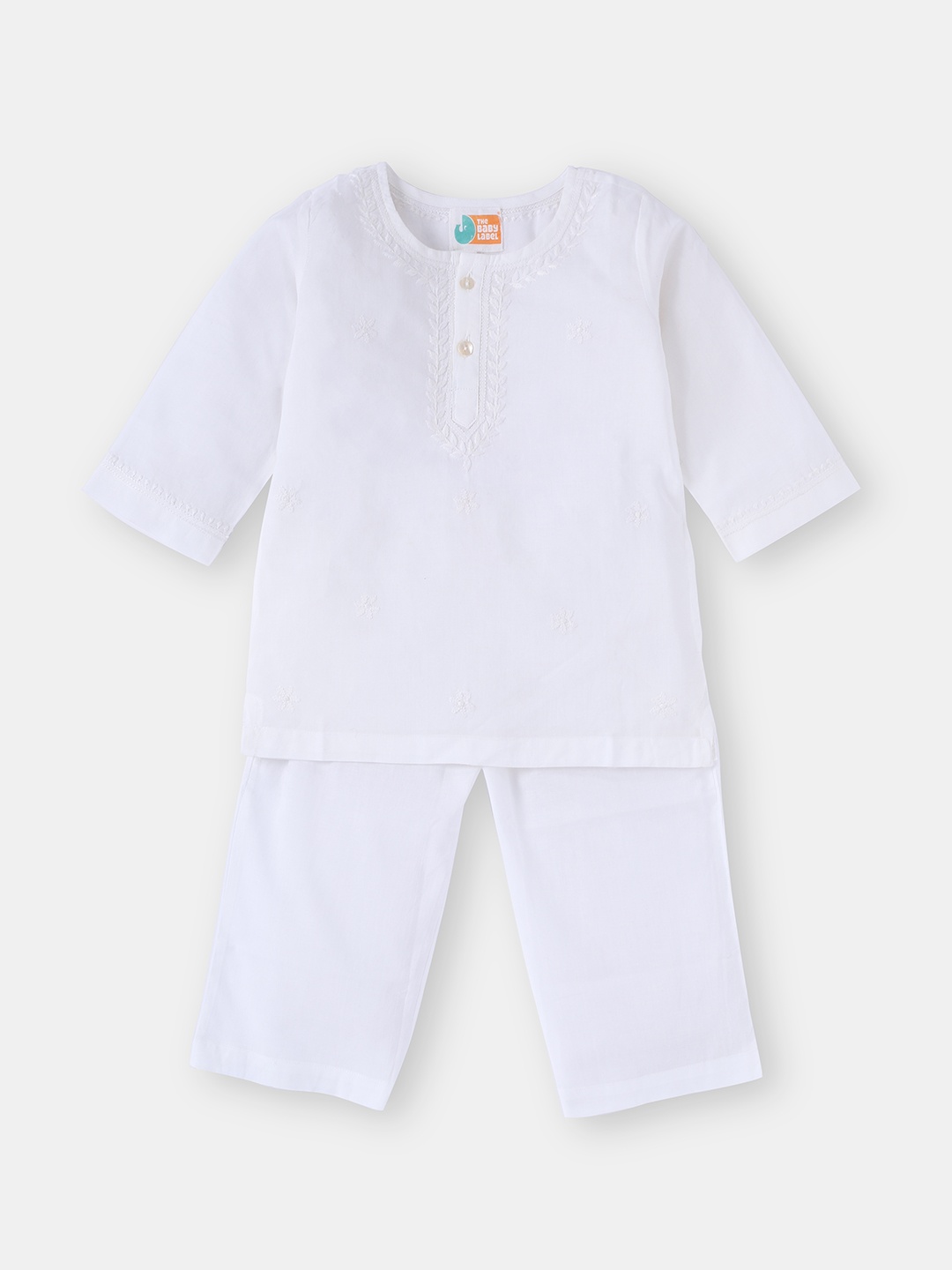 

THE BABY LABEL Unisex Kids Floral Embroidered Regular Chikankari Pure Cotton Kurta with Pyjamas, White