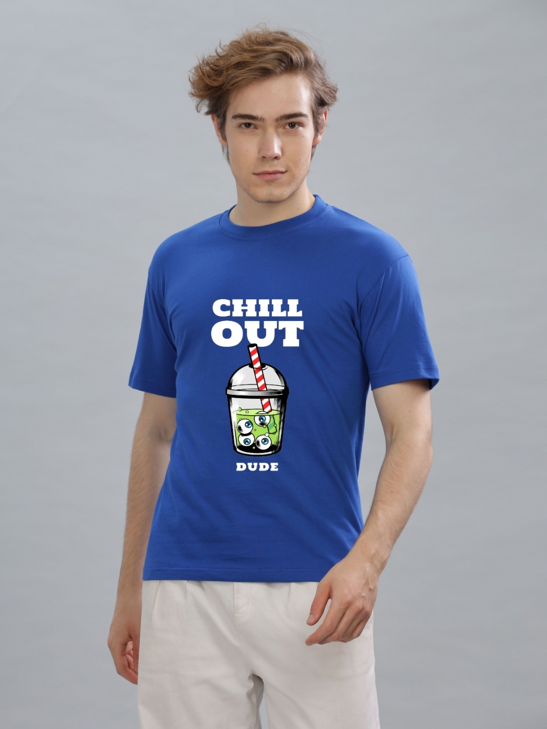 

FALTU.CO Men Printed Drop-Shoulder Sleeves Pure Cotton T-shirt, Turquoise blue
