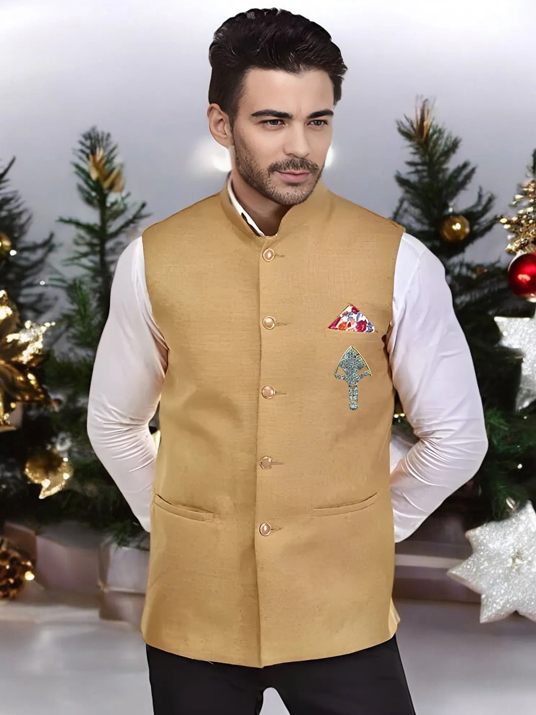 

Seetoo Mandarin Collar Woven Nehru Jacket With Broch, Yellow