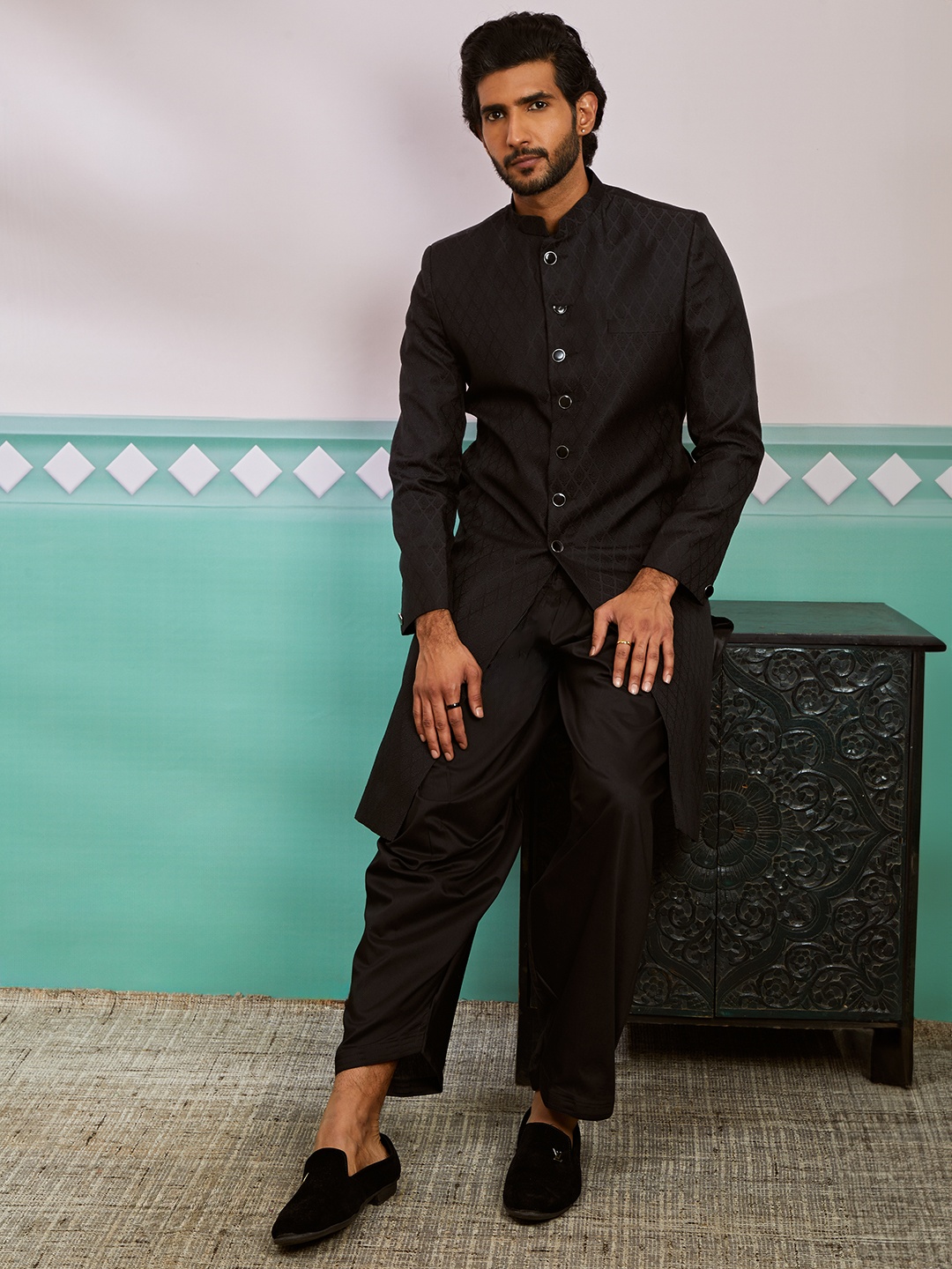 

VASTRAMAY Woven Self Design Sherwani Set, Black