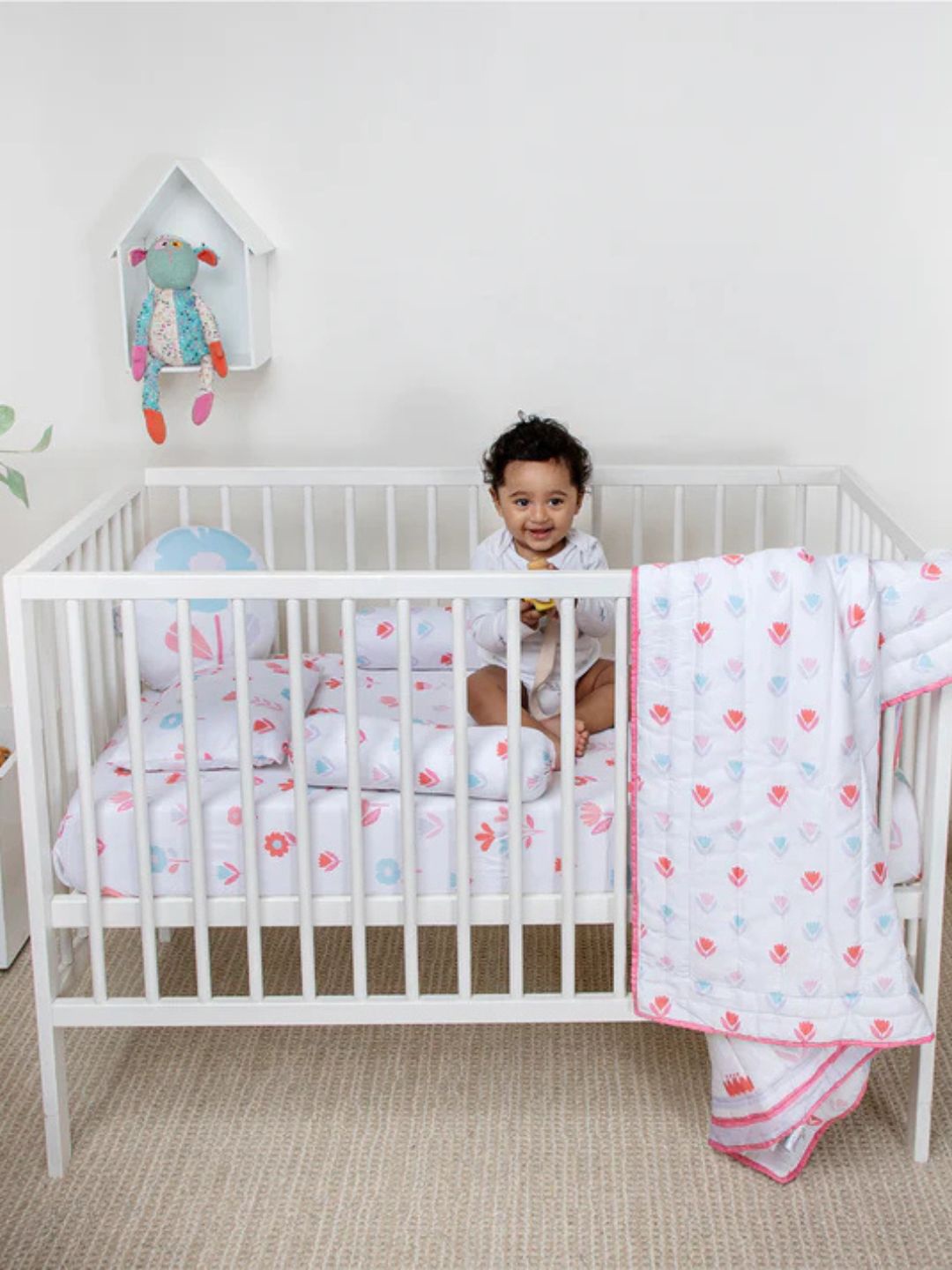 

Waxwingo Blossom Quilt Fitted Sheet With Pillow & Bolster Insert Cot Set, White