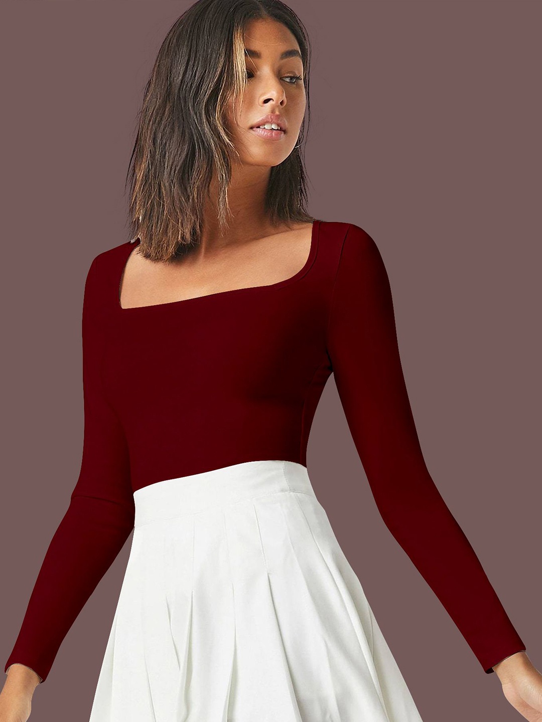 

Dream Beauty Fashion Women Square Neck Long Sleeves Fitted Top, Maroon