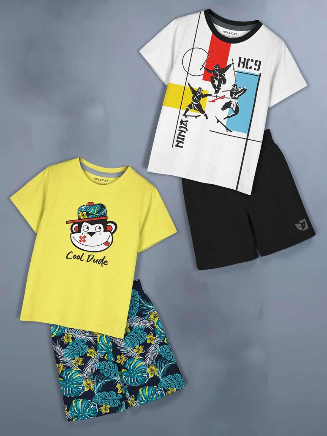 

HELLCAT Girls Pack of 2 Printed Round Neck T-Shirts With Shorts, Yellow