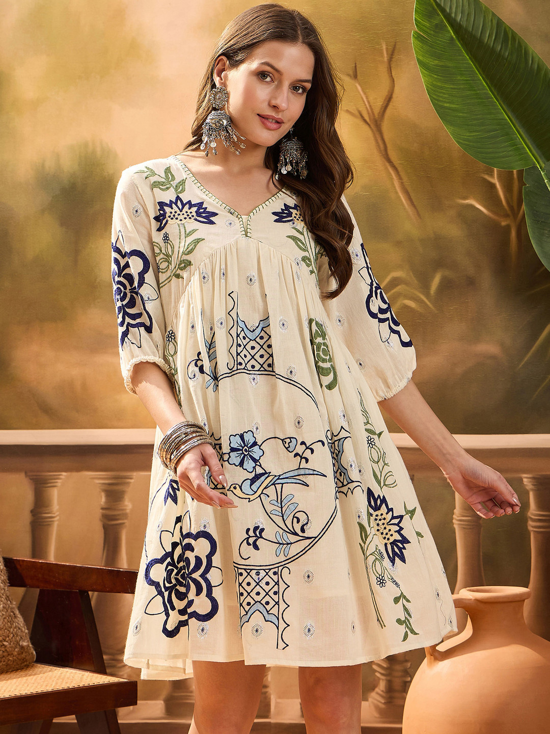 

Sangria Embroidered Cotton A-Line Mini Dress, White