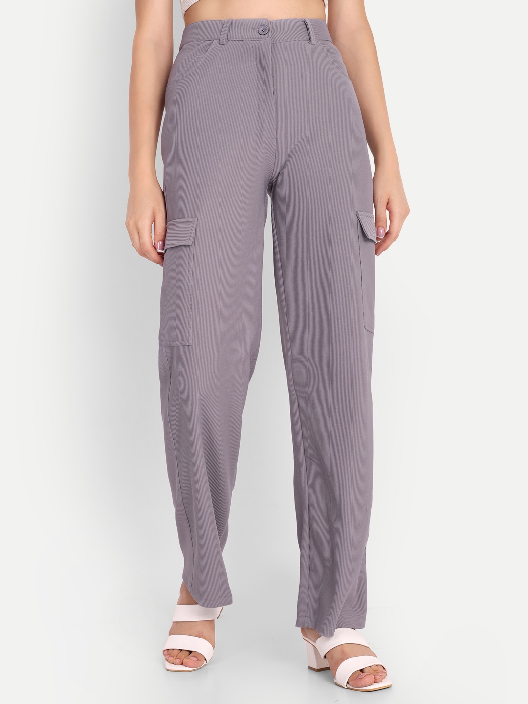 

Chemistry Women Striped Relaxed Loose Fit High-Rise Trousers, Grey