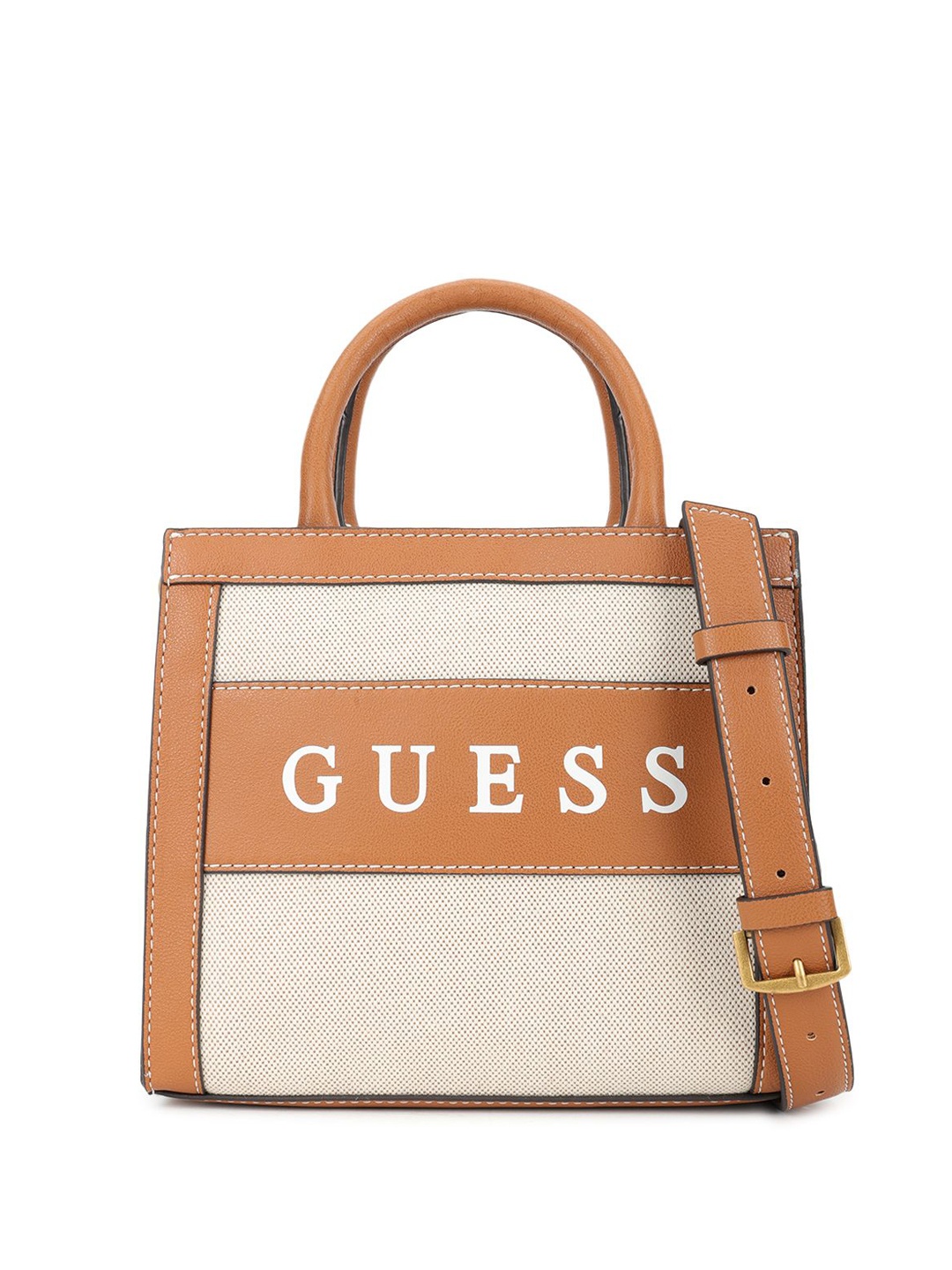 

GUESS Colourblocked PU Structured Tote Bag with Applique, Brown