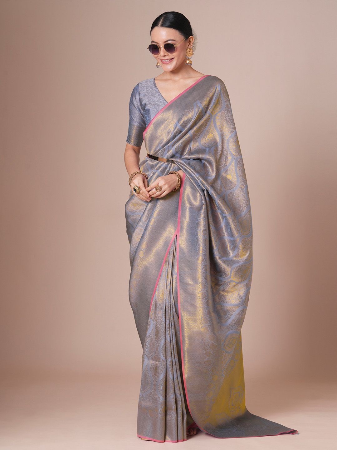 

House of Pataudi Kanjeevaram Woven Design Saree With Blouse Piece, Metallic