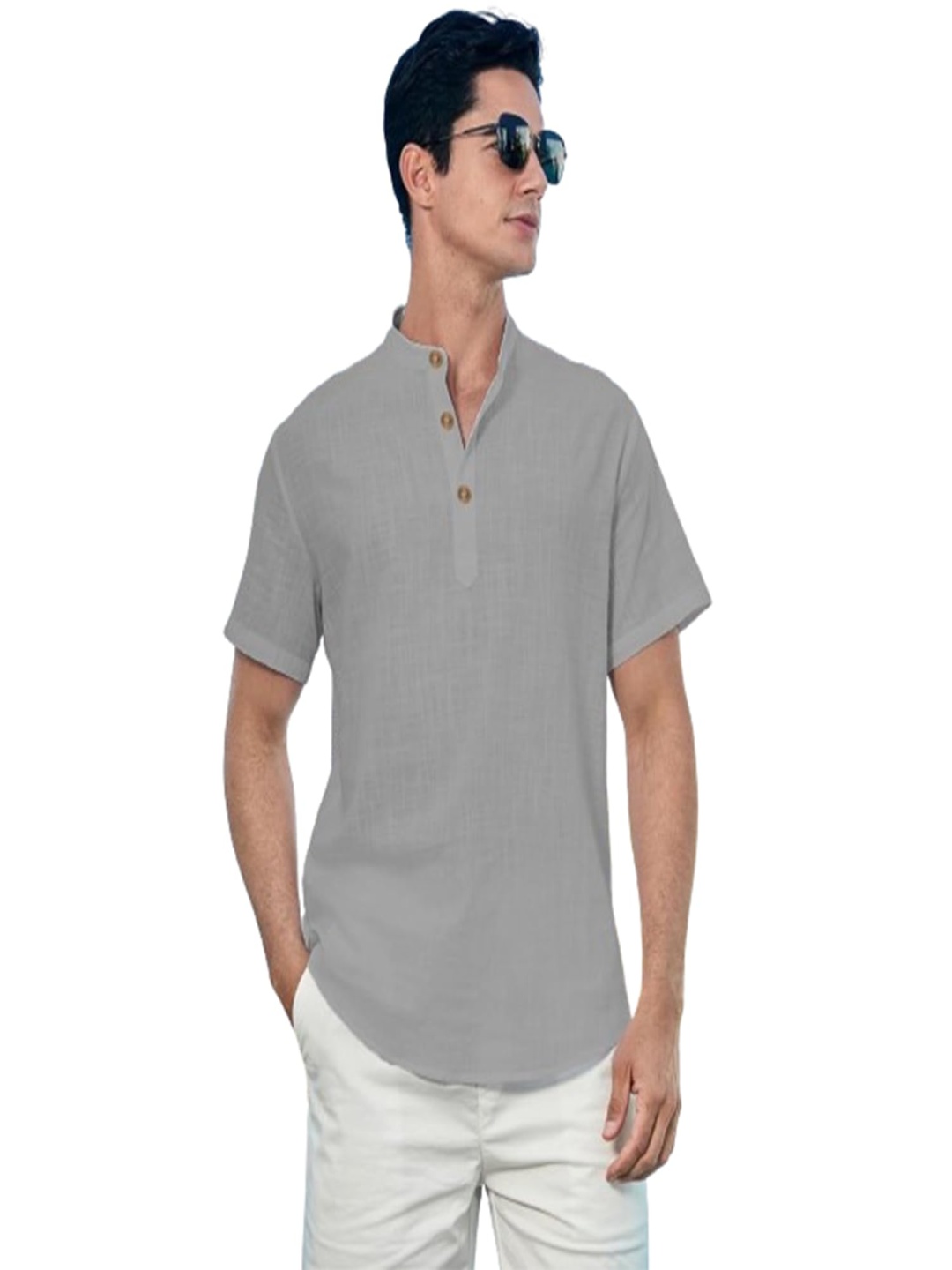 

EdinWolf Slim Fit Pure Cotton Band Collar Short Kurta, Grey