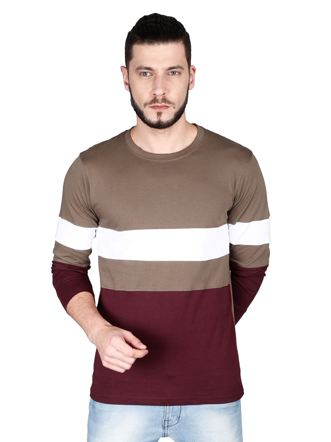 

QUCO Men Cotton Biowashed Round Neck Colour Blocked Full Sleeve Tshirt, Brown