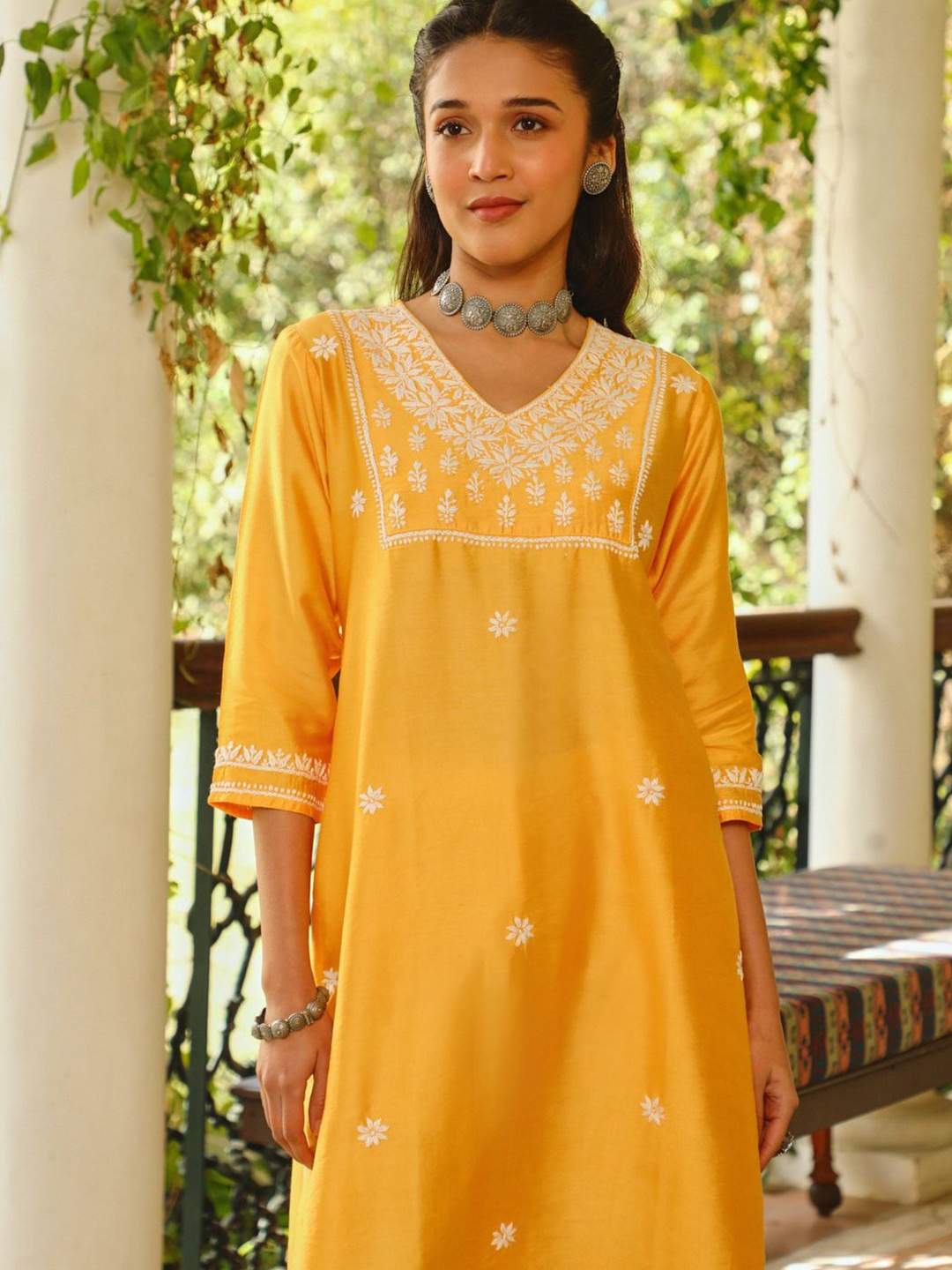 

House of Chikankari Women Yellow Solid Chikankari Chanderi Long Kurta