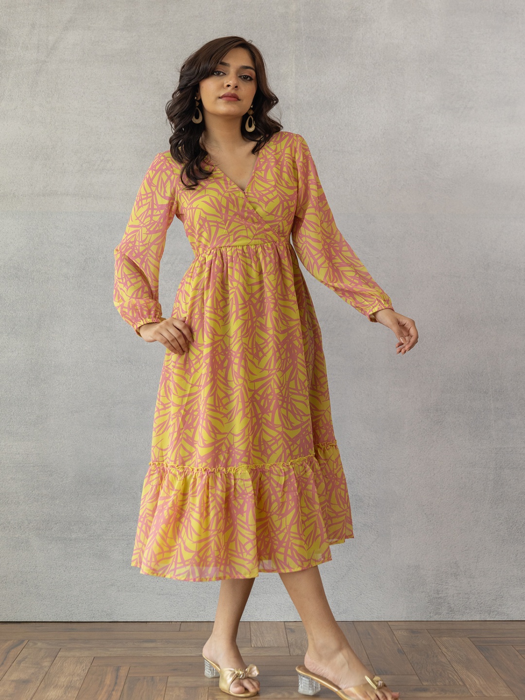 

Polago Clothing Floral Print Puff Sleeve Georgette A-Line Midi Dress, Yellow