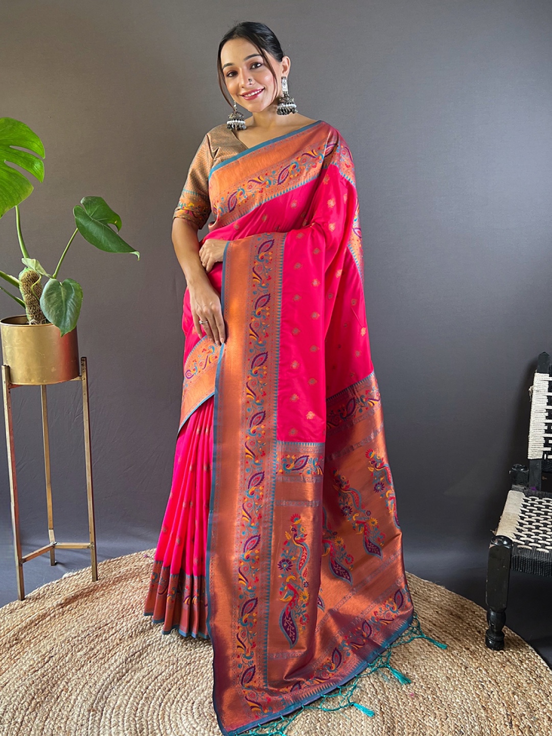 

all about you Woven Design Zari Silk Blend Paithani Saree, Pink