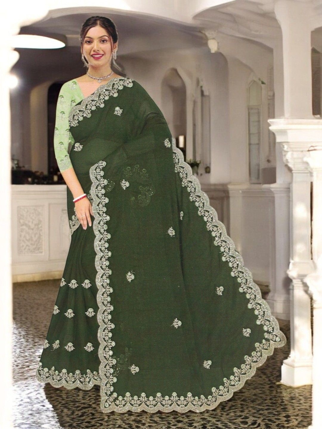 

SHOPPKEE Floral Sequinned Silk Blend Chanderi Saree, Green