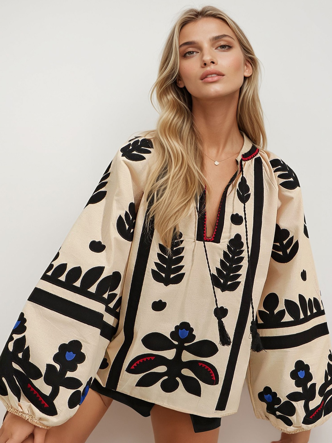 

Trend Alacati stili Floral Print Tie-Up Neck Puff Sleeve Cotton Top, Na