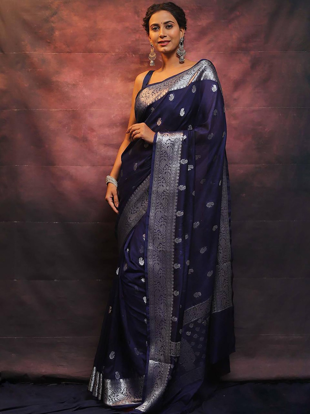 

KALINI Woven Design Zari Silk Blend Banarasi Saree, Blue