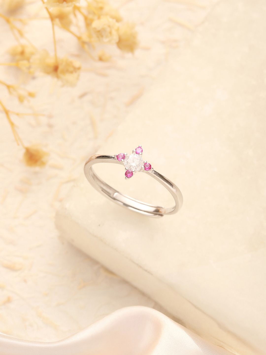 

SARAF SILVERETZ 925 Sterling Silver Silver-Plated American Diamond Studded Adjustable Ring