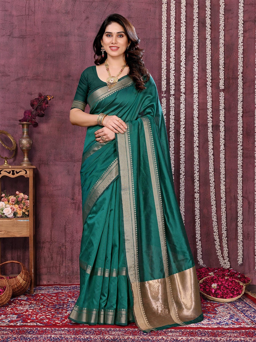 

Moda Rapido Woven Design Zari Silk Blend Kanjeevaram Saree, Teal