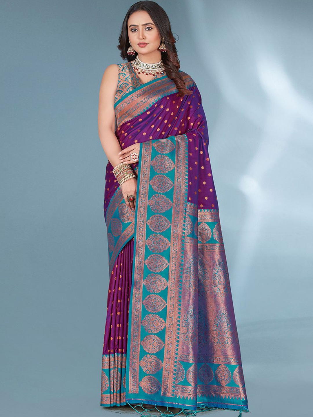 

all about you Woven Design Zari Silk Blend Paithani Saree, Purple