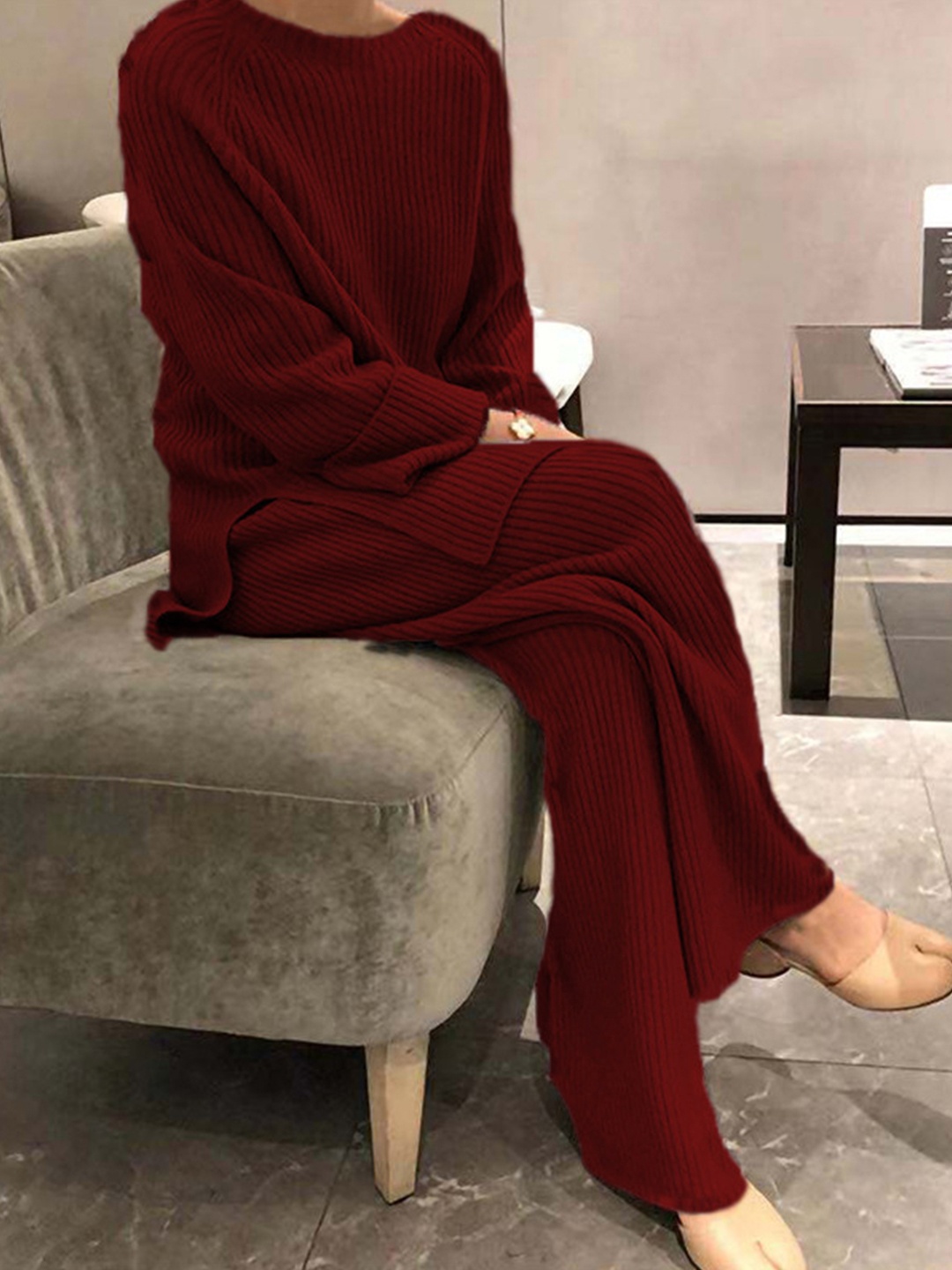 

HERE&NOW Striped Round Neck Top With Trousers, Maroon
